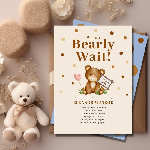 We Can Bearly Wait Boy Baby Shower  Invitation