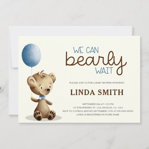 We Can Bearly Wait Boy Baby Shower  Invitation