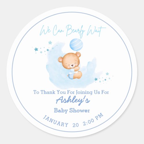 We Can Bearly Wait Boy Baby Shower Invitation Classic Round Sticker