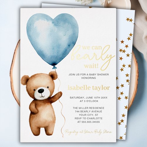 We Can Bearly Wait Boy Baby Shower Invitation Foil Invitation