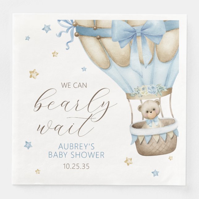 We Can Bearly Wait Boy Baby Shower Paper Dinner Napkins (Front)