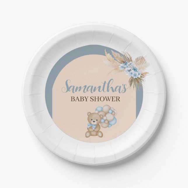 We Can Bearly Wait Boy Baby Shower Paper Plate (Front)