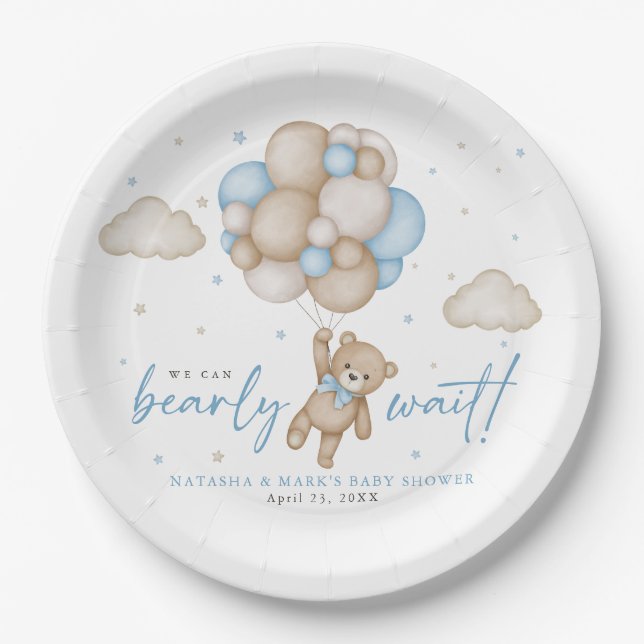 We Can Bearly Wait Boy Baby Shower Paper Plates (Front)