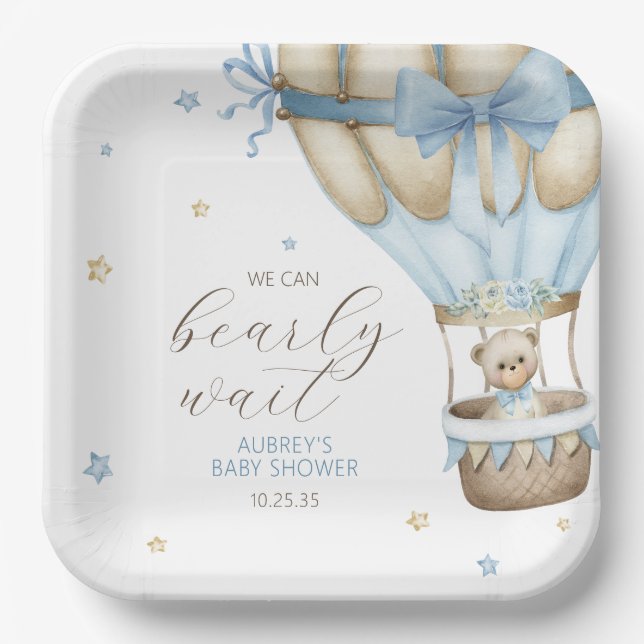 We Can Bearly Wait Boy Baby Shower Paper Plates (Front)
