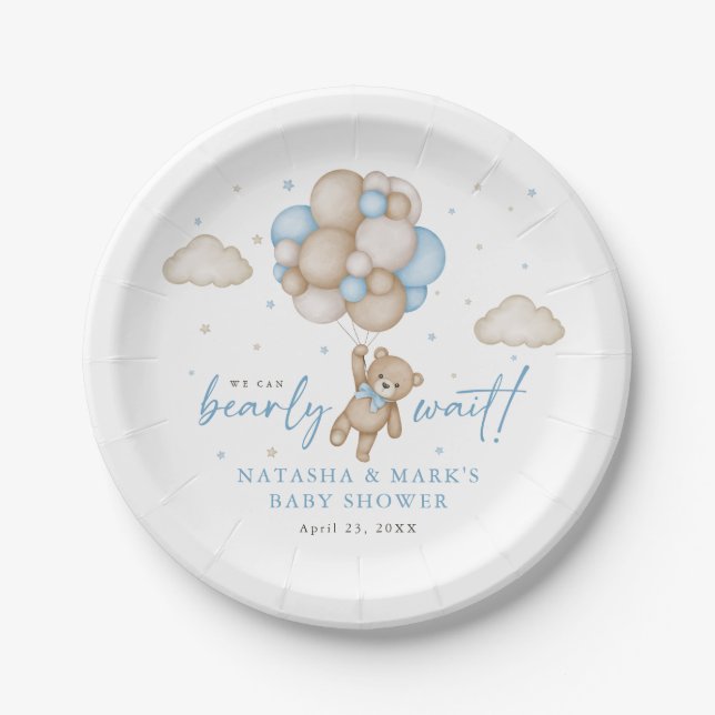 We Can Bearly Wait Boy Baby Shower Paper Plates (Front)