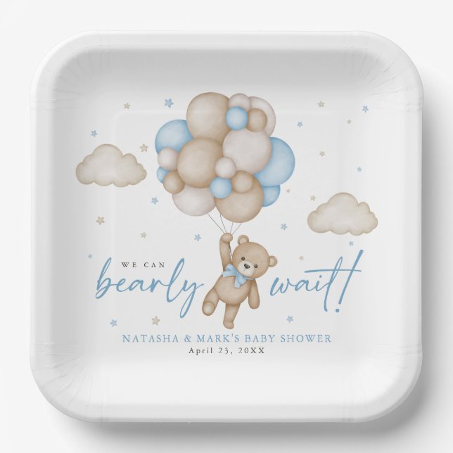 We Can Bearly Wait Boy Baby Shower Paper Plates (Front)