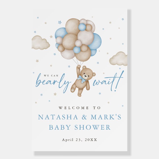 We Can Bearly Wait Boy Baby Shower Welcome Sign (Front)