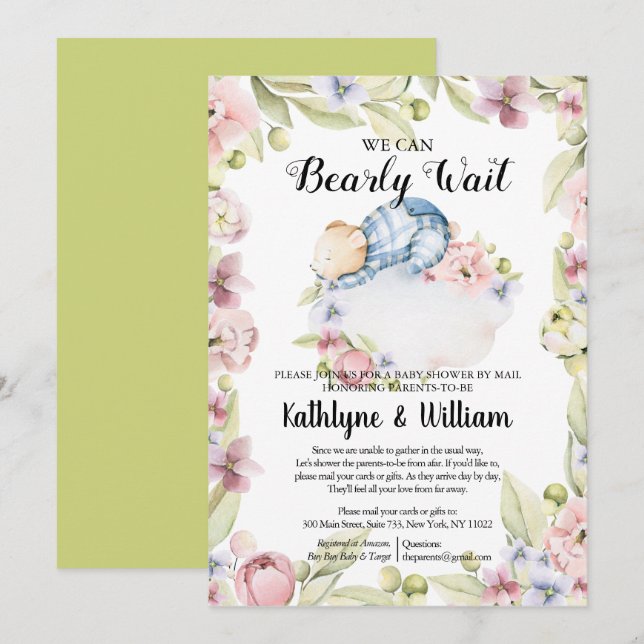 We Can Bearly Wait Boy Bear Baby Shower by Mail Invitation (Front/Back)
