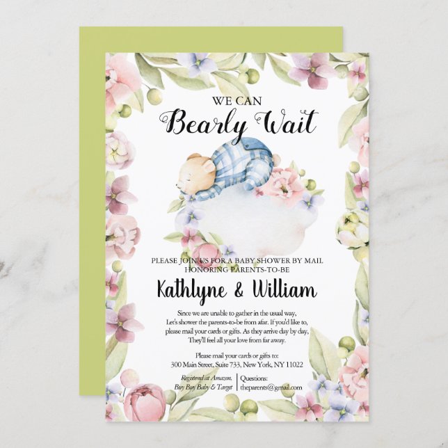 We Can Bearly Wait Boy Bear Baby Shower by Mail Invitation (Front/Back)