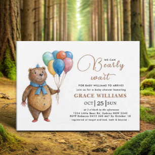 We Can Bearly Wait Boy Bear Balloon Baby Shower Invitation