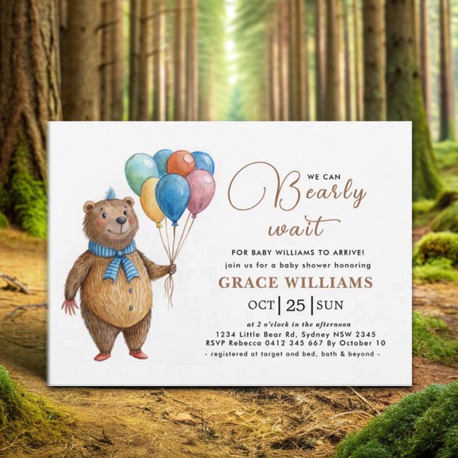 We Can Bearly Wait Boy Bear Balloon Baby Shower Invitation (Creator Uploaded)