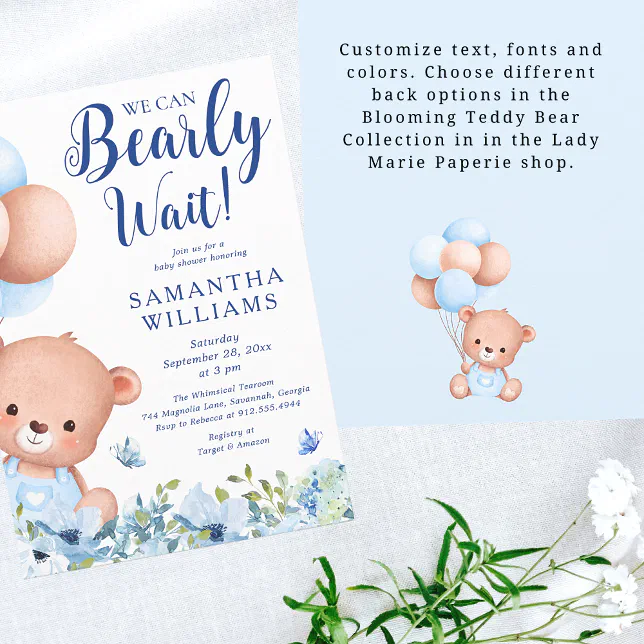 We Can Bearly Wait Boy Blue Baby Shower Invitation | Zazzle