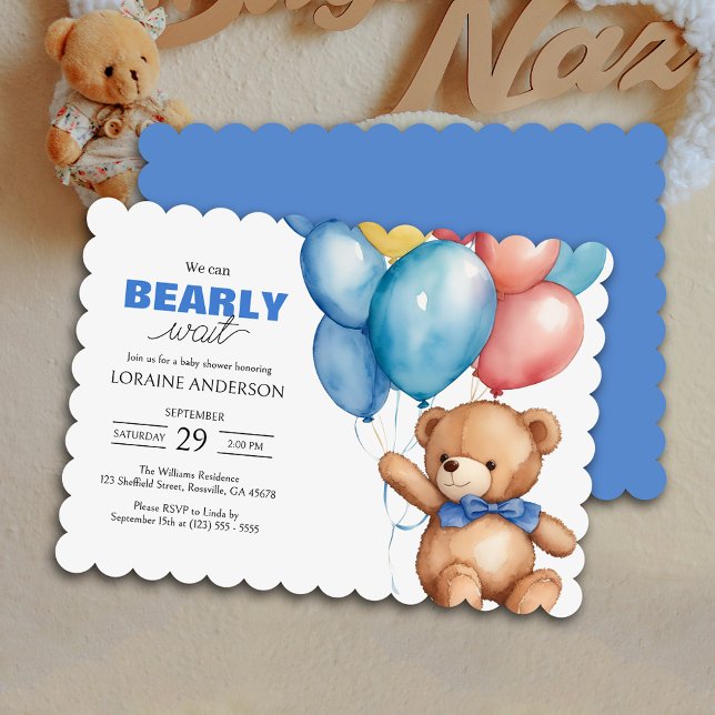 We Can Bearly Wait Boy Blue Baby Shower Invitation (Create cherished memories for years to come with this adorable baby shower invitation.)