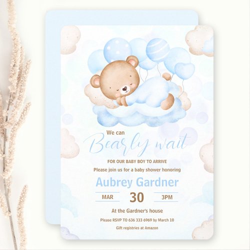 We Can Bearly Wait Boy Blue Bear Baby Shower Invitation
