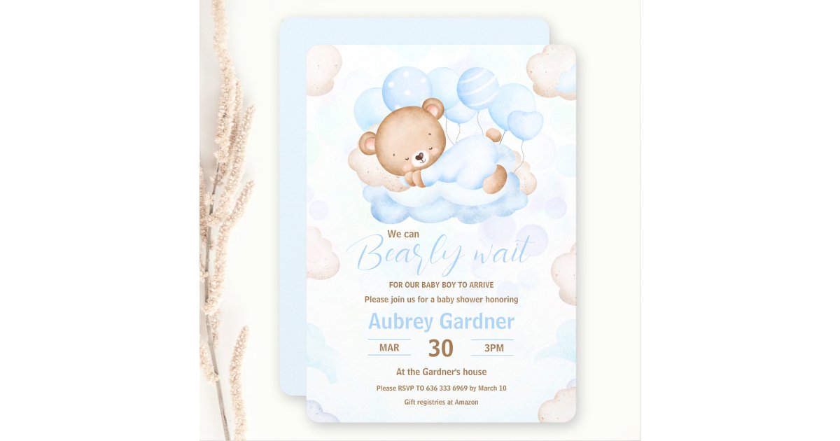 We Can Bearly Wait Boy Blue Bear Baby Shower Invitation | Zazzle