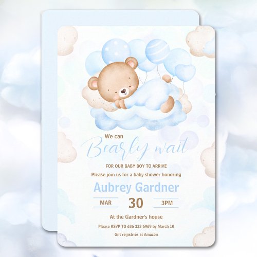 We Can Bearly Wait Boy Blue Cute Bear Baby Shower Invitation