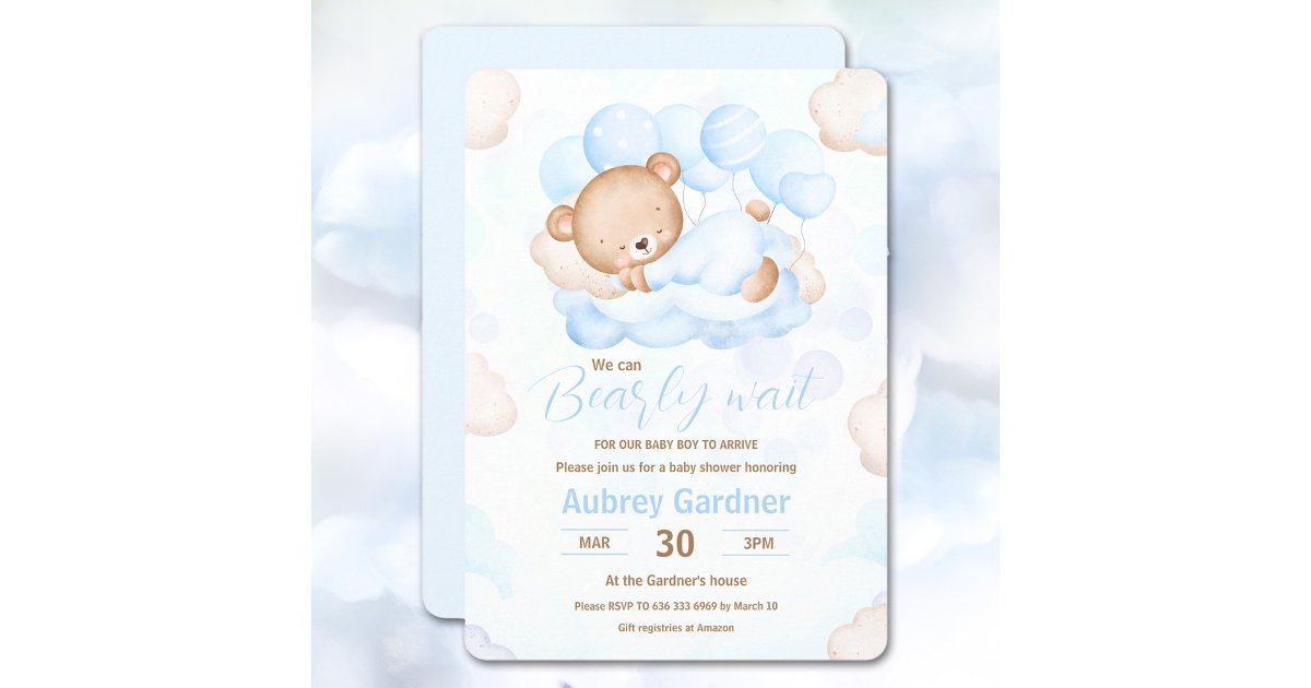 We Can Bearly Wait Boy Blue Cute Bear Baby Shower Invitation | Zazzle