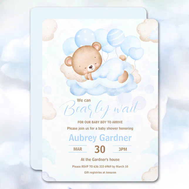 We Can Bearly Wait Boy Blue Cute Bear Baby Shower Invitation | Zazzle