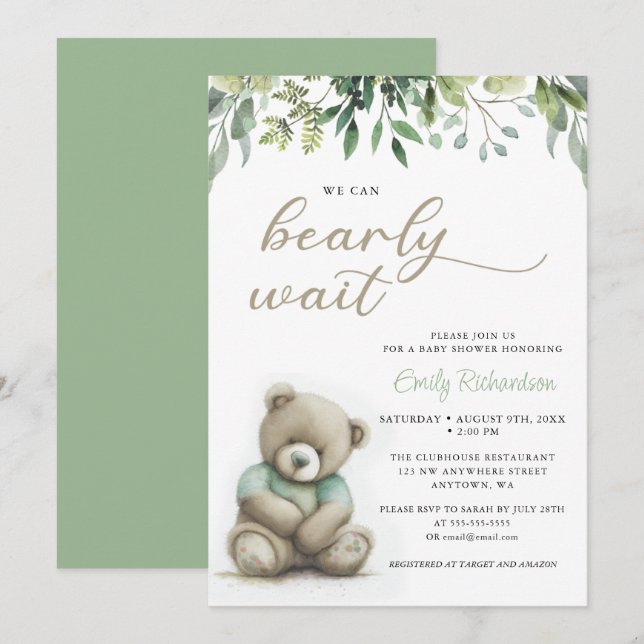 We Can Bearly Wait Boy Boho Teddy Bear Baby Shower Invitation (Front/Back)