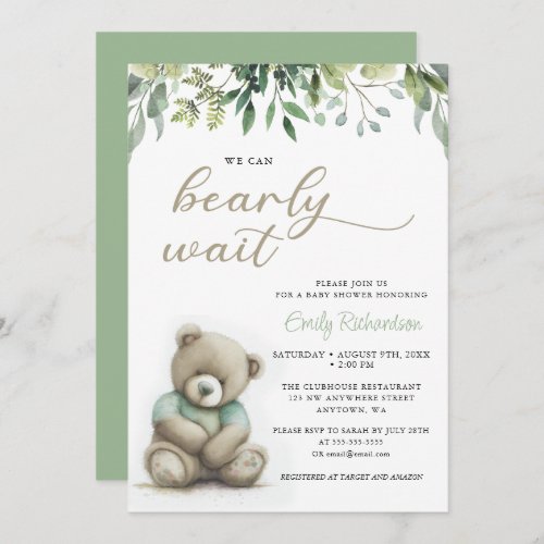We Can Bearly Wait Boy Boho Teddy Bear Baby Shower Invitation
