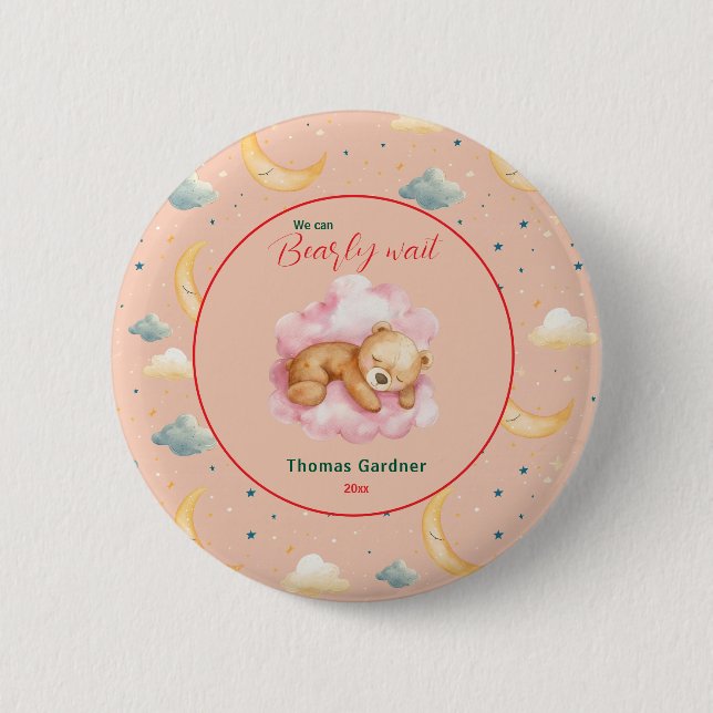 We Can Bearly Wait Boy Cute Bear Baby Shower  Button (Front)