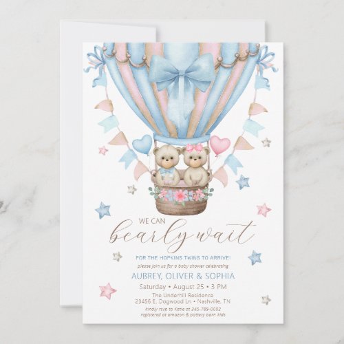 We Can Bearly Wait Boy Girl Twin Baby Shower Invitation