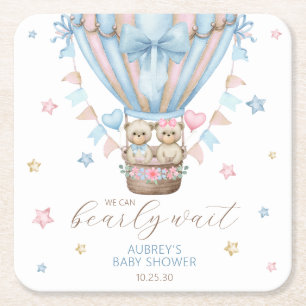 We Can Bearly Wait Boy Girl Twin Baby Shower Square Paper Coaster