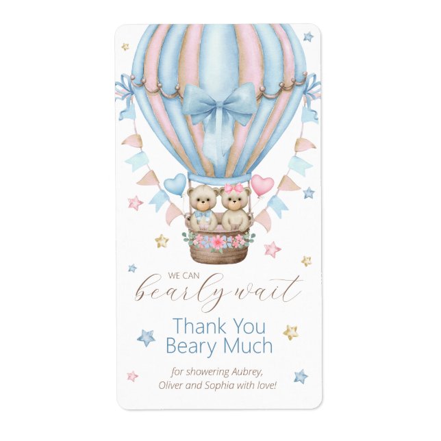 We Can Bearly Wait Boy Girl Twins Thank You Label (Front)