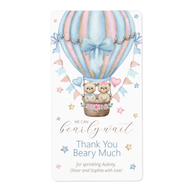 We Can Bearly Wait Boy Girl Twins Thank You Label (Front)