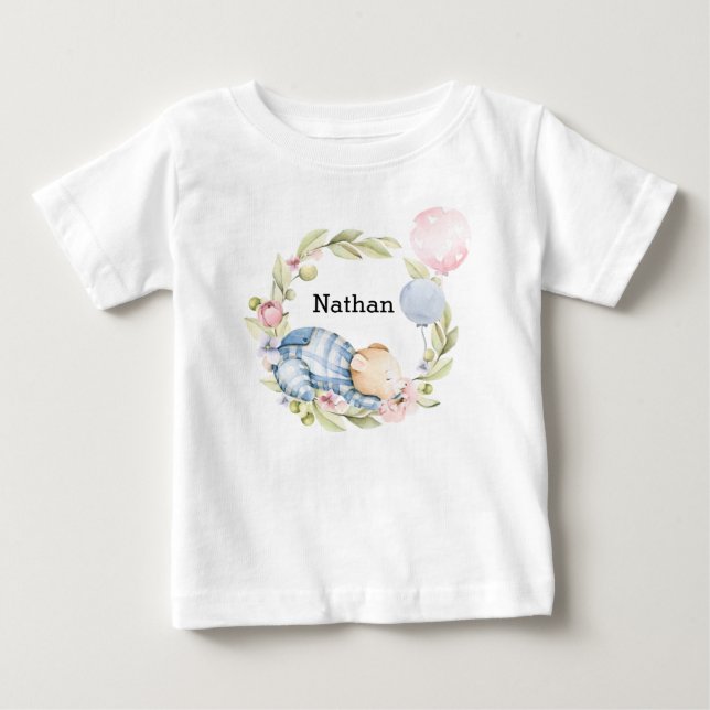 We Can Bearly Wait Boy Teddy Bear Baby Shower Baby T-Shirt (Front)