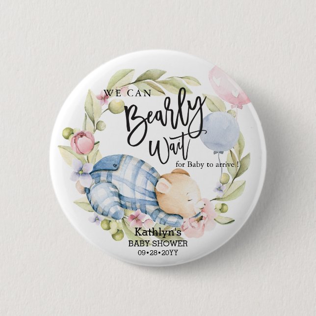 We Can Bearly Wait Boy Teddy Bear Baby Shower Button (Front)