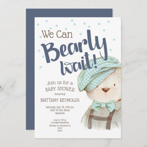 We Can Bearly Wait Boy Teddy Bear Baby Shower Invitation