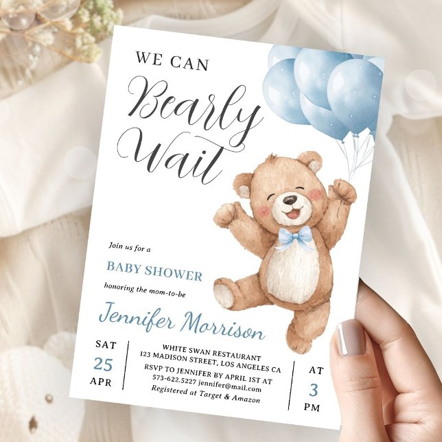 We Can Bearly Wait Boy Teddy Bear Baby Shower Invitation (Creator Uploaded)