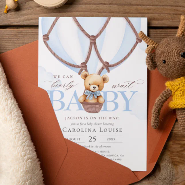 We Can Bearly Wait! Boy Teddy Bear Baby Shower Invitation | Zazzle