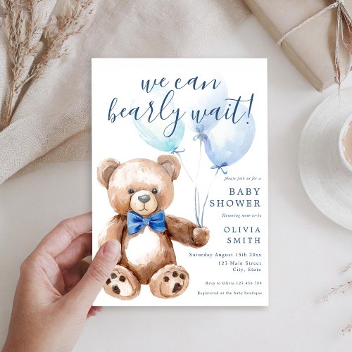 We Can Bearly Wait Boy Teddy Bear Baby Shower Invitation