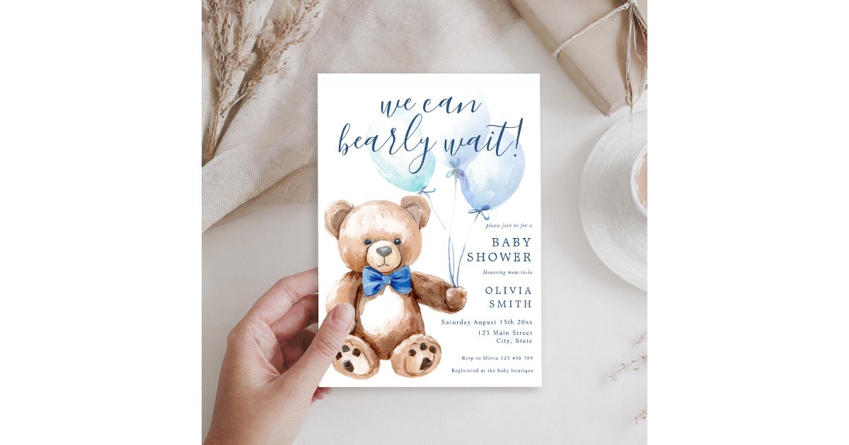 We Can Bearly Wait Boy Teddy Bear Baby Shower Invitation | Zazzle