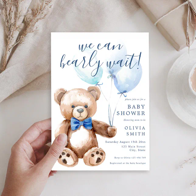We Can Bearly Wait Boy Teddy Bear Baby Shower Invitation | Zazzle