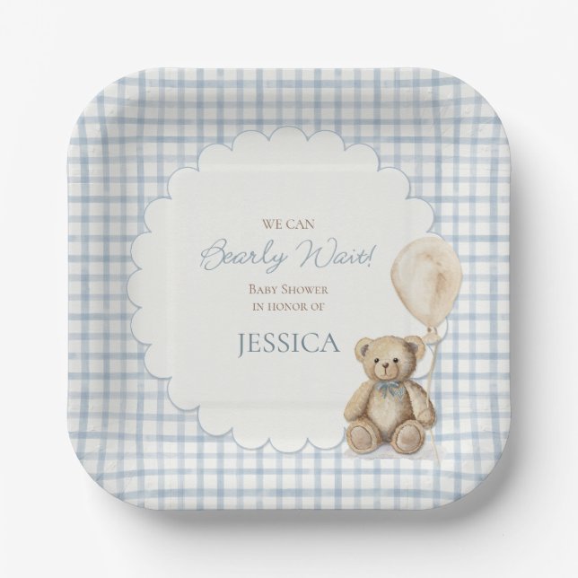 We Can Bearly Wait Boy Teddy Bear Baby Shower Paper Plates (Front)