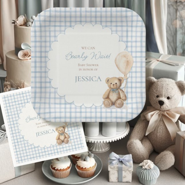 We Can Bearly Wait Boy Teddy Bear Baby Shower Paper Plates (Creator Uploaded)