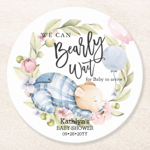 We Can Bearly Wait Boy Teddy Bear Baby Shower Round Paper Coaster