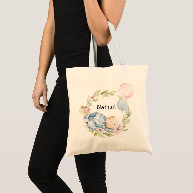 We Can Bearly Wait Boy Teddy Bear Baby Shower Tote Bag (Front (Product))
