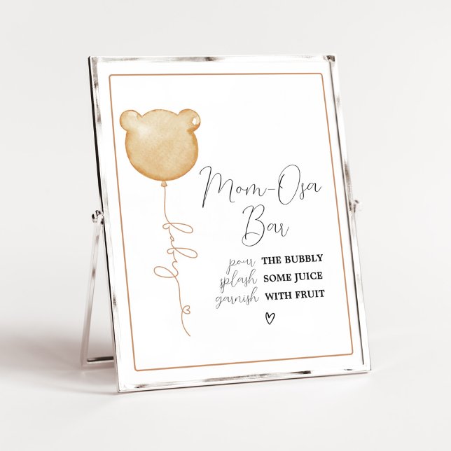 We Can Bearly Wait Brown Balloon Baby Mom Osa Bar Poster (Gender Neutral Minimalist Bear Baby Shower Mom Osa Bar Sign)