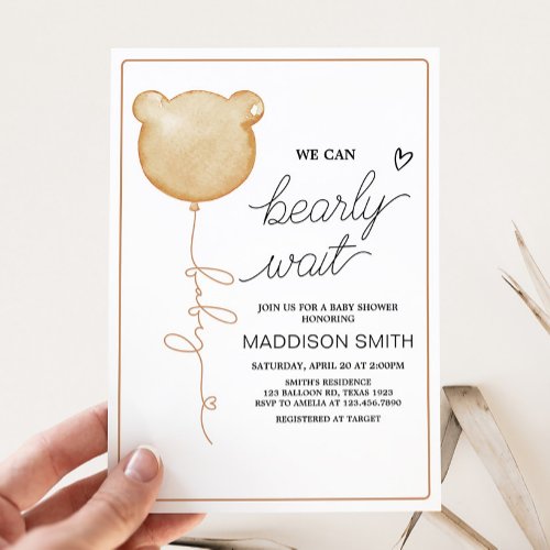 We Can Bearly Wait Brown Balloon Baby Shower Invitation