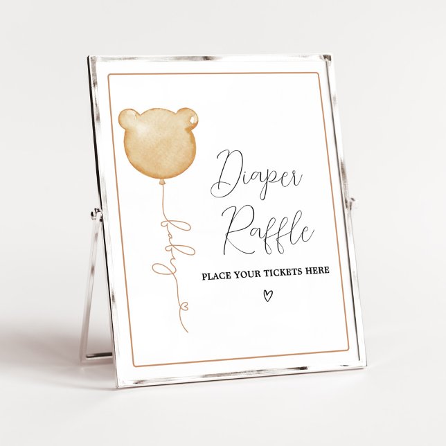 We Can Bearly Wait Brown Balloon Diaper Raffle Poster (Gender Neutral Minimalist Bear Baby Shower 
)