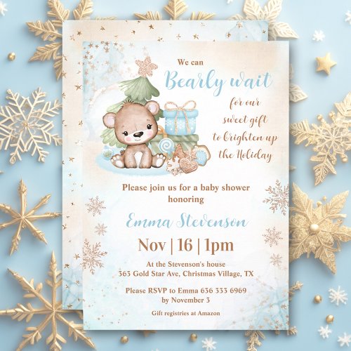 We Can Bearly Wait Christmas Bear Blue Baby Shower Invitation