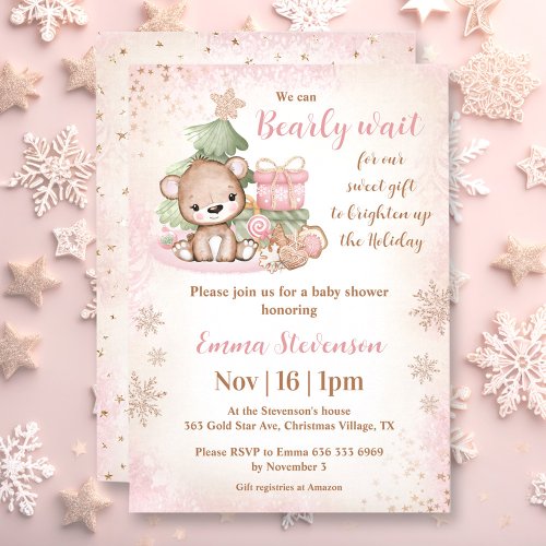 We Can Bearly Wait Christmas Bear Pink Baby Shower Invitation