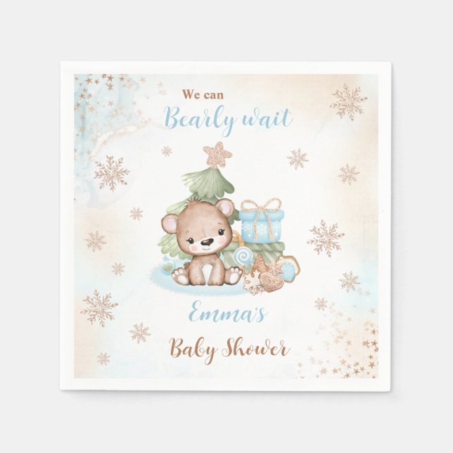 We Can Bearly Wait Christmas Boy Baby Shower Napkins (Front)