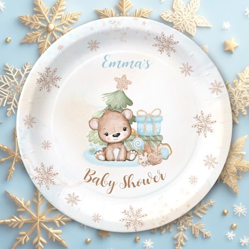 We Can Bearly Wait Christmas Boy Baby Shower Paper Plates