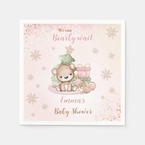 We Can Bearly Wait Christmas Girl Baby Shower Napkins