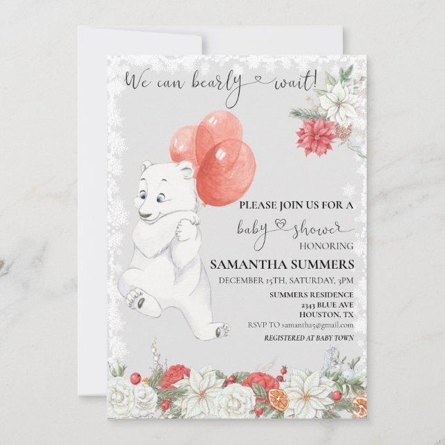 We can Bearly Wait Christmas Polar Bear Balloon  Invitation (Front)